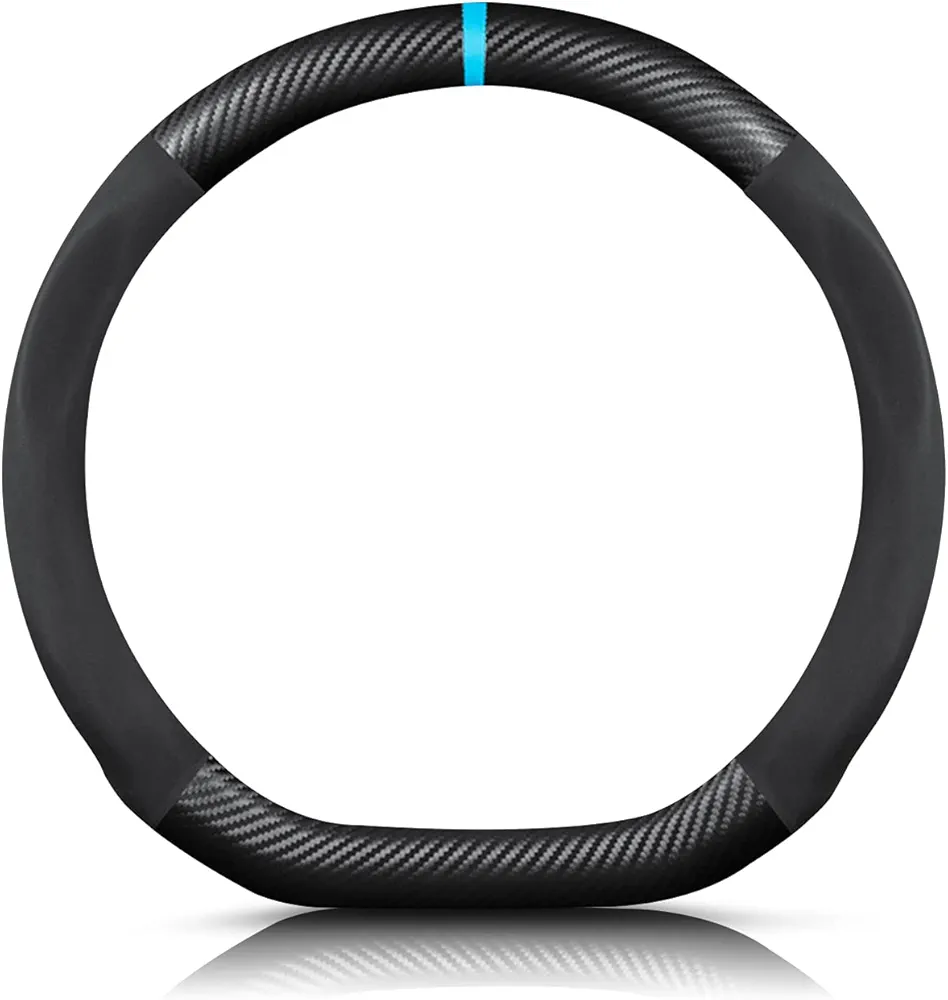 Ergocar Forma de D Fibra de Carbono y Cuero PU de Microfibra Funda Volante Coche Antideslizante Accesorios Coche Transpirable Estilo Deportivo para diámetro 38cm （15 "）-Negro Azul