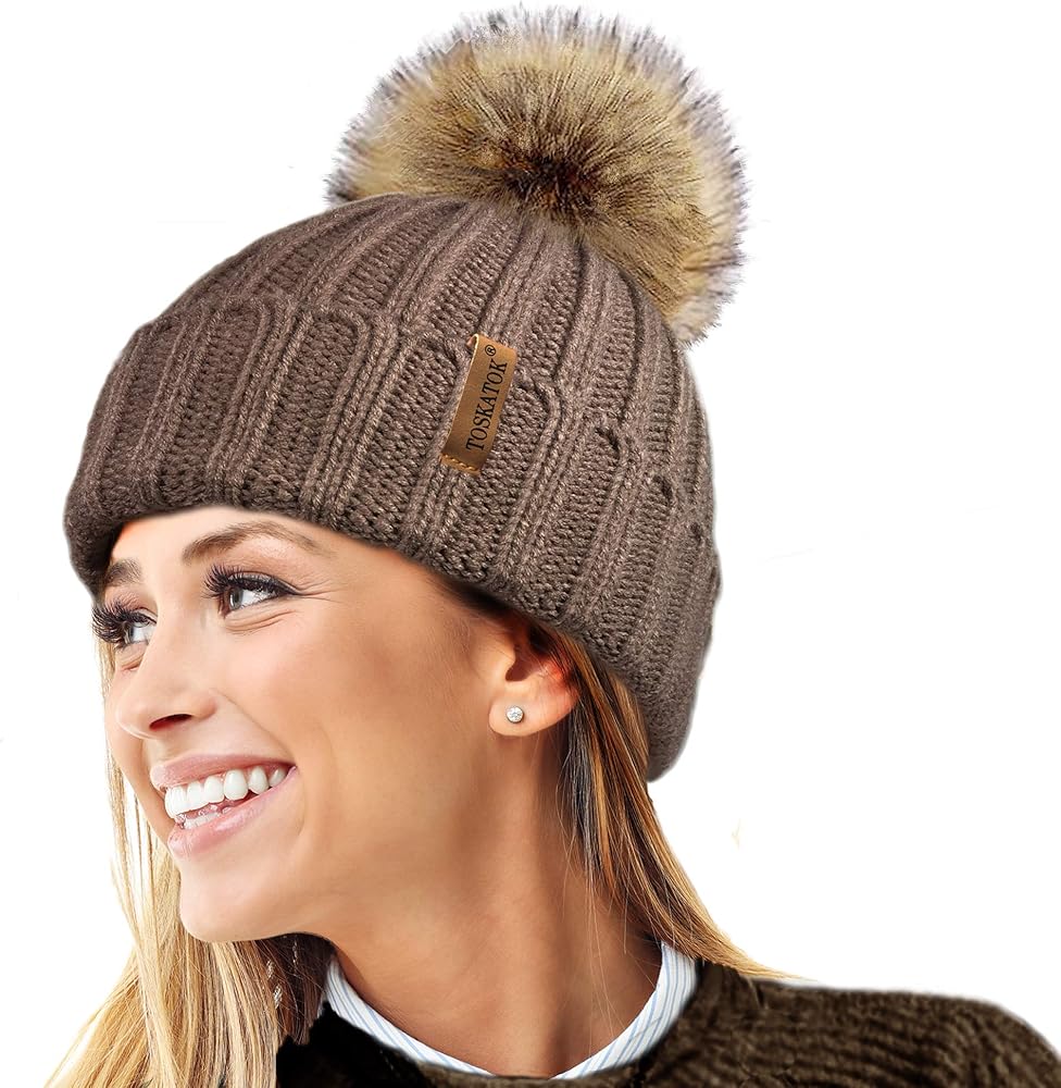 TOSKATOK® Invierno de Las Mujeres Costilla Punto Hat/Beanie con Desmontable de Piel Falsa Chunky Pom Pom Bobble