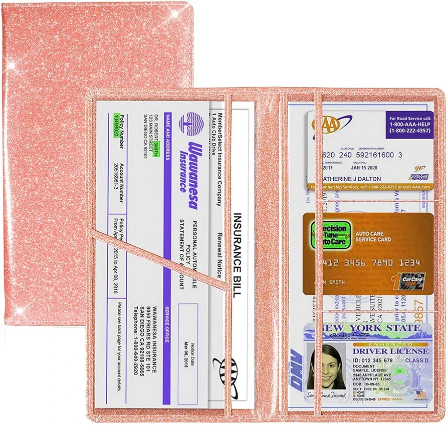 Matrícula de coche y titular del seguro, Organizador de guantera de vehículo, Portadocumentos de cuero para automóvil para licencia de conducir, tarjetas de información clave. ( rosa brillante )