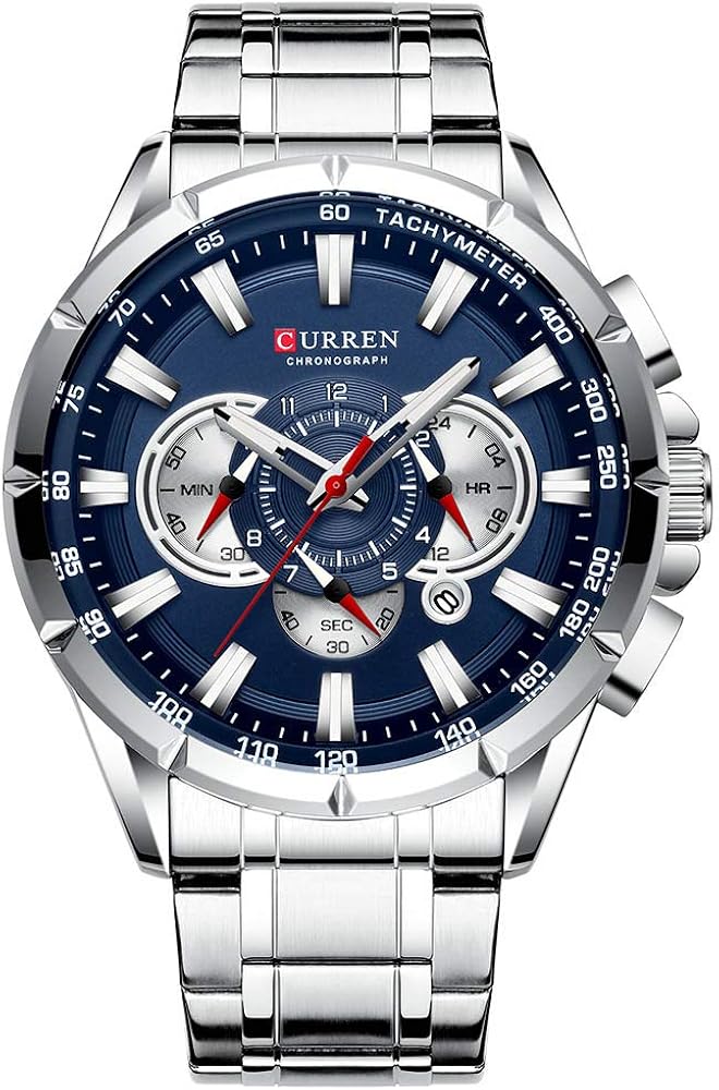 Curren Reloj de pulsera para hombre, tres subesferas, visualización de fecha, acero plateado, reloj deportivo de cuarzo, caja azul 8363, pulsera