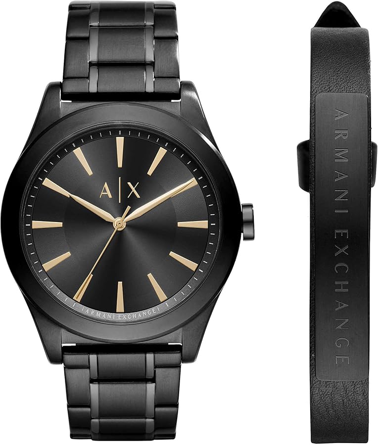 Armani Exchange Reloj Hombre, Movimiento de tres agujas, 44mm Caja de acero negro con correa de acero, AX7102, Negro y dorado