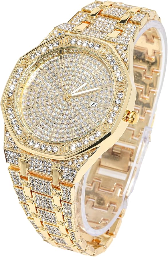 HALUKAKAH Diamante Reloj de Oro Iced out,Hombre Chapado en Oro Real de 18k/Platino Oro Blanco Cuarzo Pulsera 22cm Esfera Octogonal,con Cadena de Tenis Collar Pulsera Opciones,Viene con Caja de Regalo