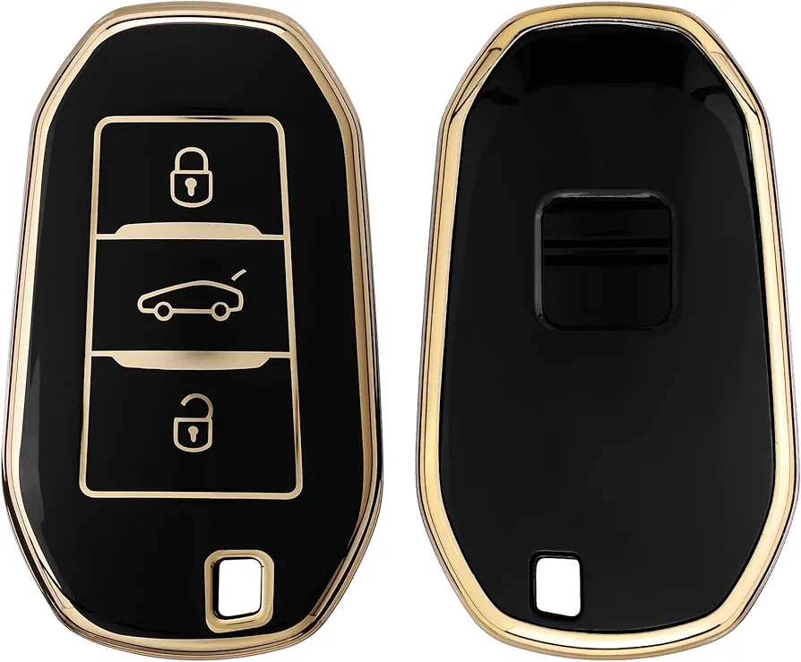 kwmobile Carcasa para Mando Compatible con Peugeot Citroen Llave de Coche Smartkey de 3 Botones (Solo Keyless Go) - Funda para Llaves de Coche de TPU con Botones - Negro/Dorado