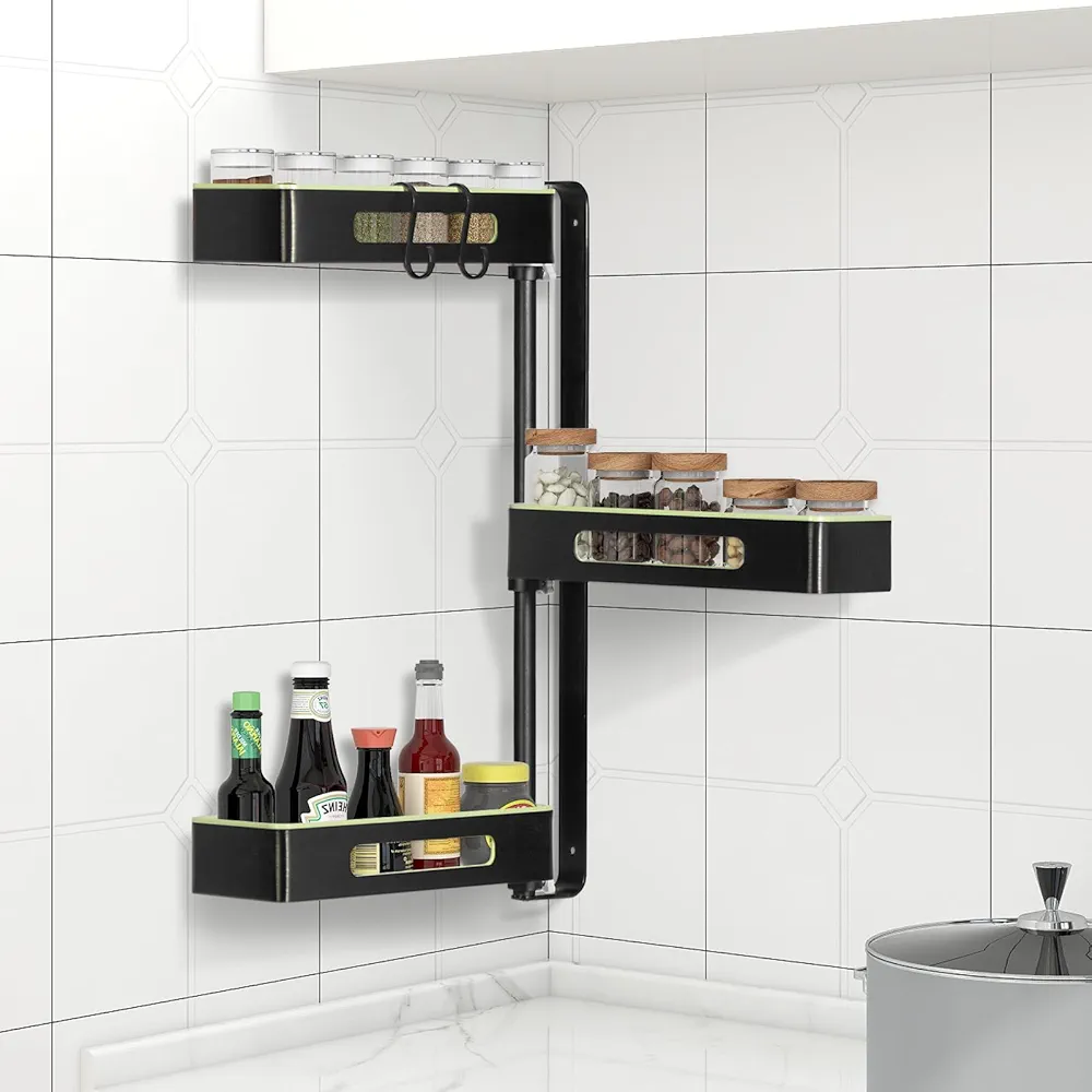 Todeco Especiero, 180° Giratorio, Altura Ajustable, Especiero Cocina Pared, Organizador Especias con 3 Niveles, sin Taladrar, Aluminio, para Cocina Baño y Hogar, 38 x 12 x 59 cm (Verde)