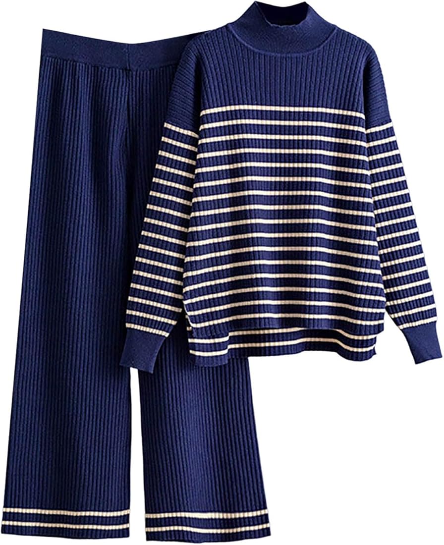 Cexiakong Traje de punto para mujer, juego de 2 piezas, traje de chándal cálido para mujer de oficina, a rayas, cuello redondo, cintura alta, pierna ancha, básico, otoño, de punto, trajes sueltos,