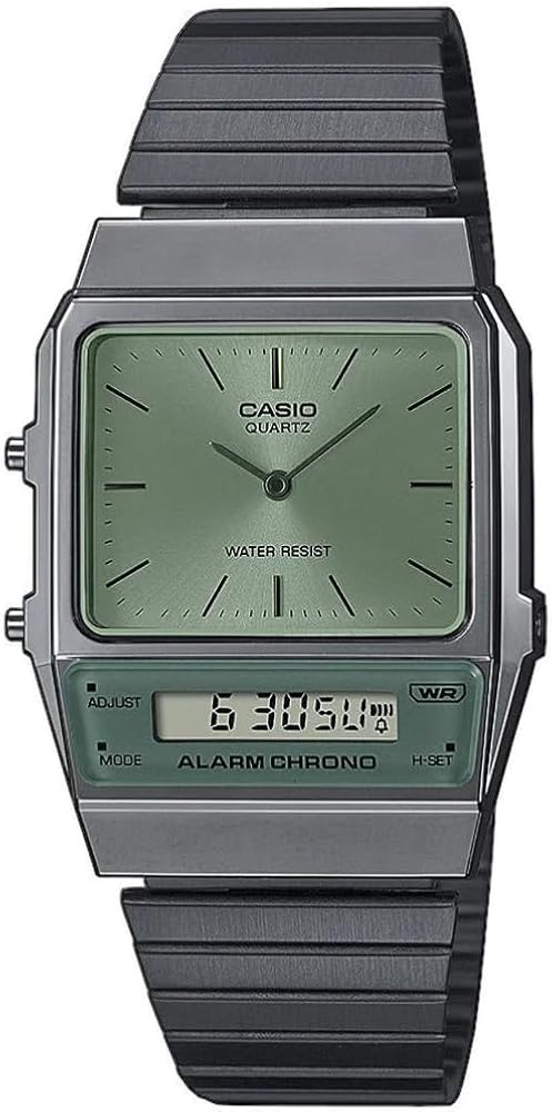 Casio Reloj Cuarzo Mujer 32.00mm con dial Análogico-Digital Verde y Correa de Pulsera de Metal Negro y Plata AQ-800ECGG-3AEF
