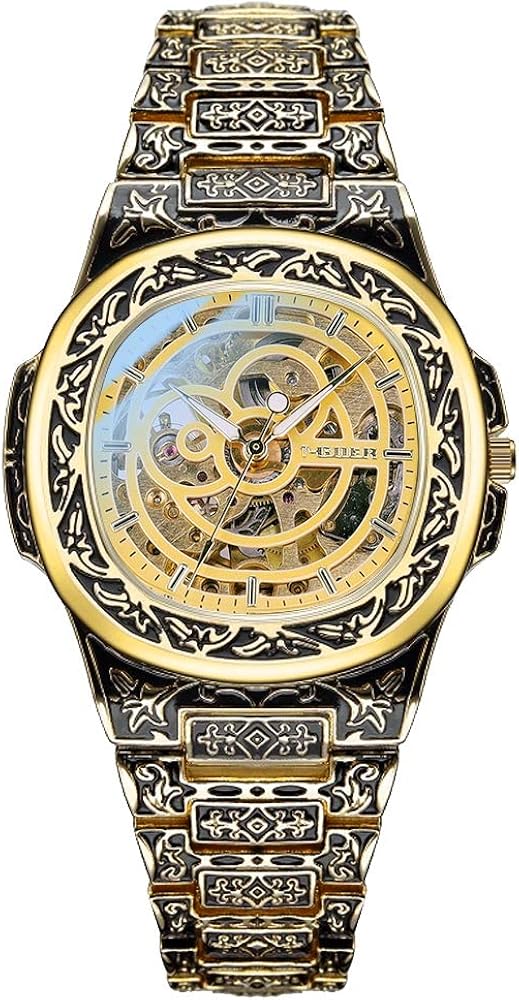 ManChDa Relojes para Hombre, Correa Tallada con Personalidad- Steampunk Resistente Al Agua Mecánico Automático Luminoso Reloj De Pulsera para Hombre para Hombres De Negocios Multifuncional （Oro）