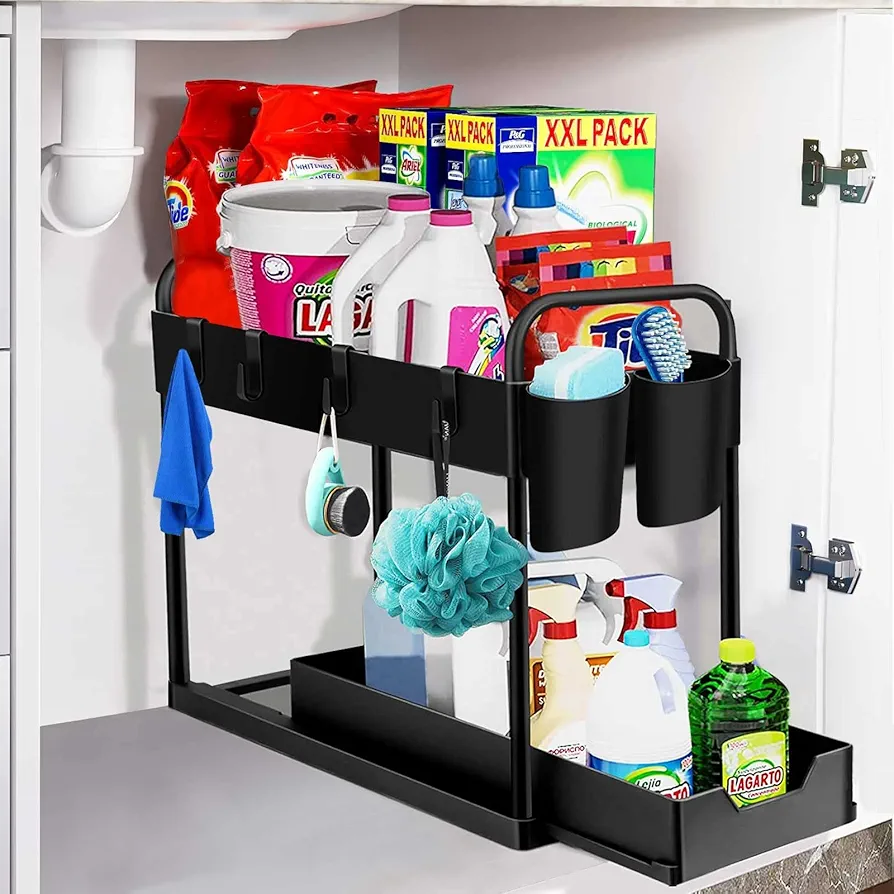 Wholede Organizador Cocina 2 Niveles, Organizador bajo Fregadero Extraible, Estanterias Almacenaje con 4 Ganchos y 2 Cesta, Organizador Armario para Cajones, Cocina, Baño