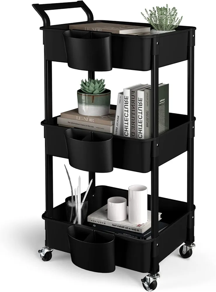 Carrito de almacenamiento con 3 Tazas Colgantes, rodante de 3 niveles, de utilidad movil con ruedas con cerradura, estante de bano, cocina, oficina, negro