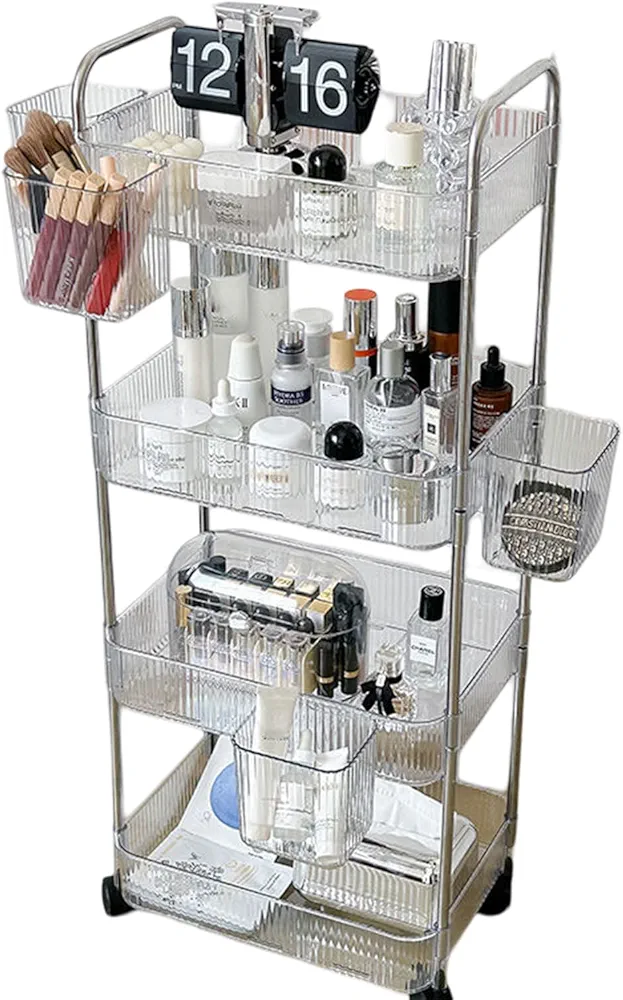 Carrito móvil con ruedas, carrito multiusos con asa, carrito de almacenamiento transparente, estantería de varios niveles con cestas transparentes, carrito de almacenamiento multifunción para cocina,