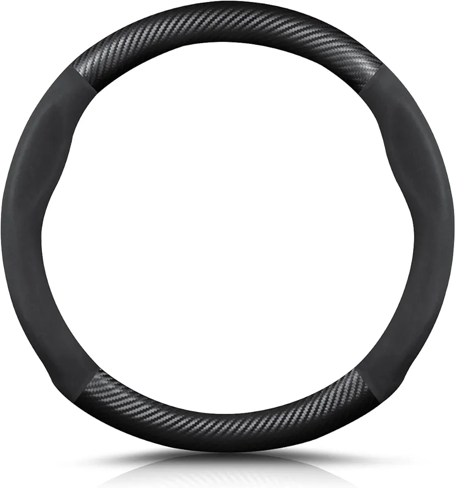 Ergocar Forma Redonda Fibra de Carbono y Cuero PU de Microfibra Funda Volante Coche Antideslizante Accesorios Coche Transpirable Estilo Deportivo para diámetro 38cm （15 "）-Negro
