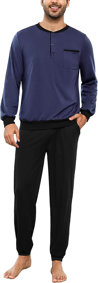 Bresdk Pijama Hombre Invierno Algodón Ropa de Dormir Camiseta de Manga Larga Largo Pantalón Pijama para Hombre S-3XL