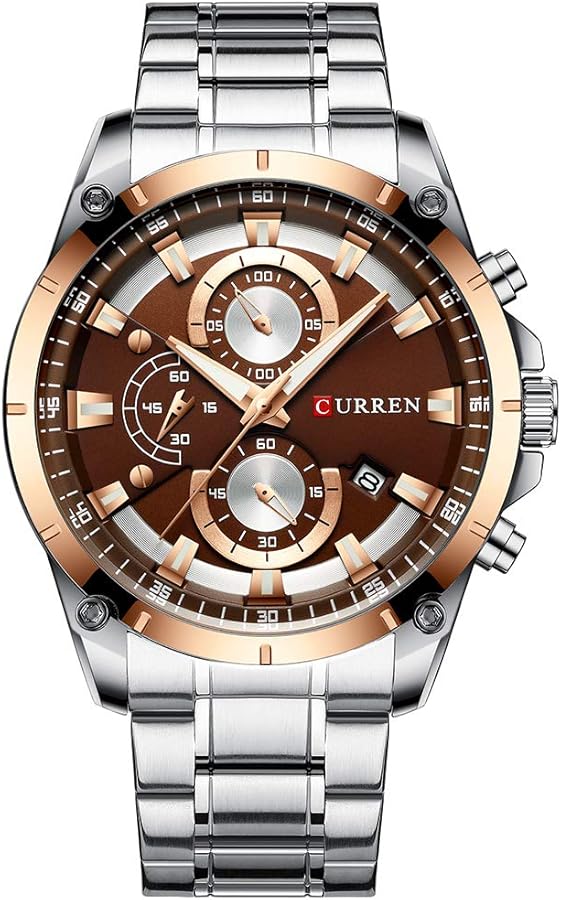CURREN Reloj de pulsera para hombre con múltiples zonas horarias, visualización de fecha, reloj de cuarzo de acero para negocios, color marrón 8360, pulsera