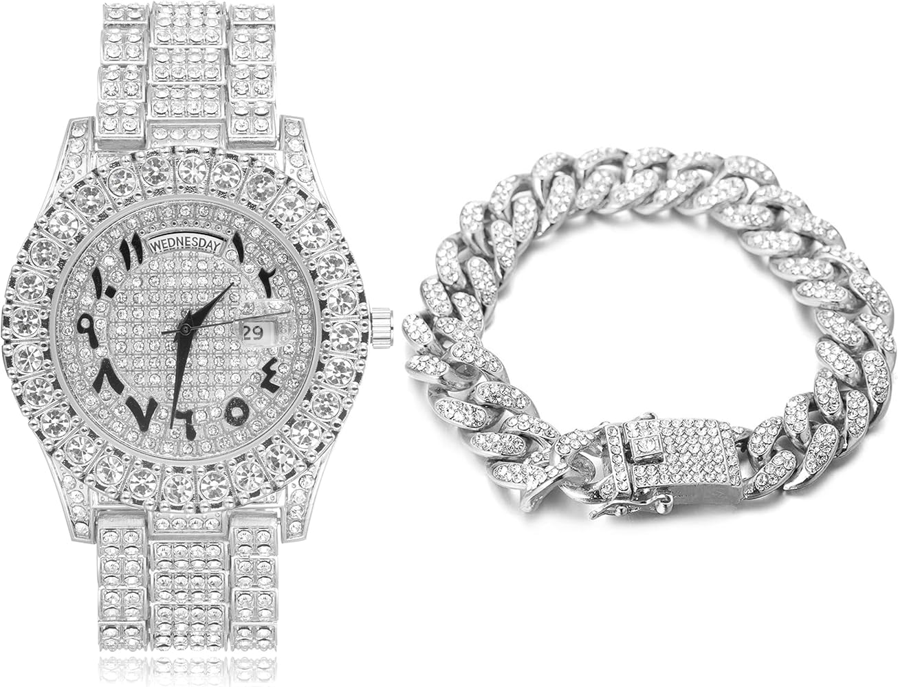 HALUKAKAH Diamante Moissanita Reloj de Oro,Hombres Números Romanos Chapada en Oro 18k/Platino Cuarzo Longitud de 24cm,con Cadena de Cubanos Collar Pulsera Opciones,con Caja de Regalo