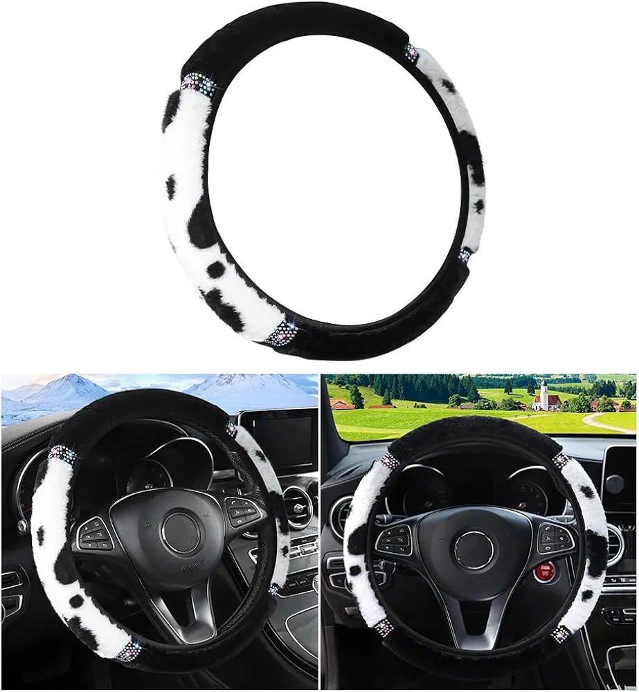 JNNJ Funda Volante Coche, Cubierta De Volante De Felpa Invierno, Cubierta del Volante Universal Volantes Coche del Diamantes Cristal, Funda Volantes con Estampado De Vaca para Automóvil(Negro/Blanco)