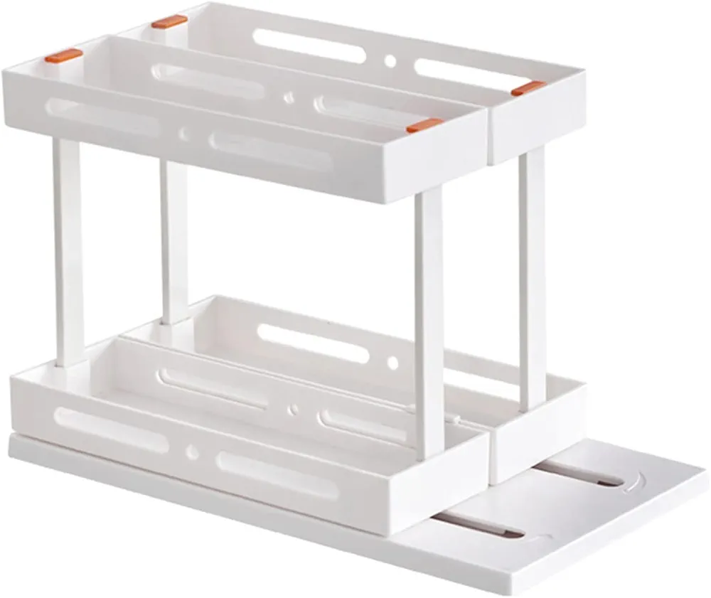 Organizador giratorio para especias de 2 niveles, almacenamiento de gabinete de cocina extraíble, cajón deslizante de plástico, tarro de especias para condimentos, mostrador de estantes, blanco