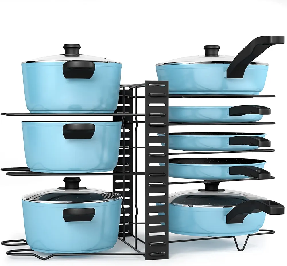 Liesun almacenamiento cacerola con 8 compartimentos ajustables, almacenamiento tapa cacerola, ollas en armario, poele, cocina plato, soporte para poele.