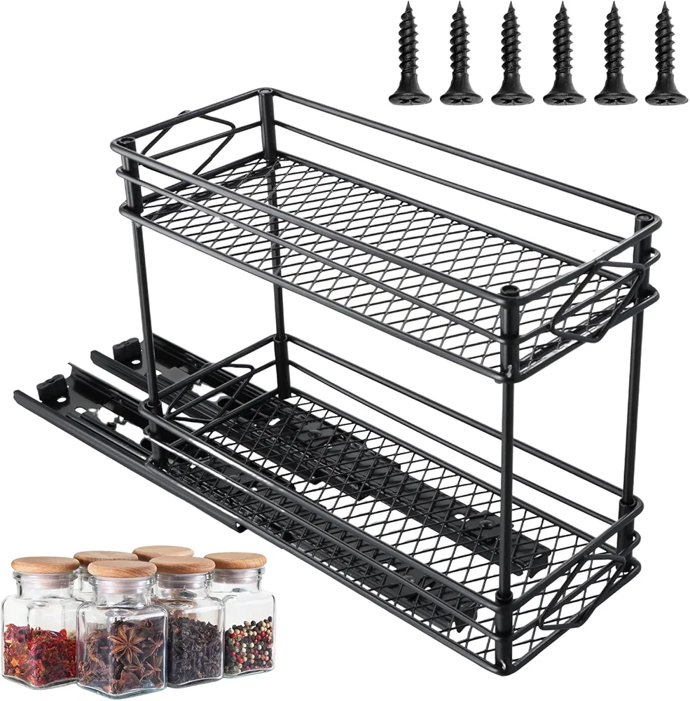 Organizador de Especias, Organizador Armario Cocina Extraible de 2 Niveles, Gran Capacidad Especiero Deslizante, Multifuncional Organizador Bajo Fregadero para Gabinetes de Cocina Baños (Negro)