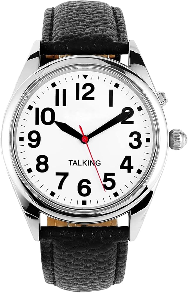 Reloj hablador inglés, reloj de pulsera para hombre ciego con discapacidad visual, correa de piel negra, esfera blanca con alarma de cuarzo, Correa