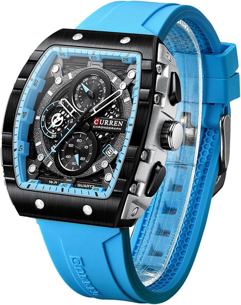 FORSINING Reloj de pulsera analógico de cuarzo para hombre, rectangular, esfera grande, correa de silicona, resistente al agua, relojes militares, calendario, fecha, azul