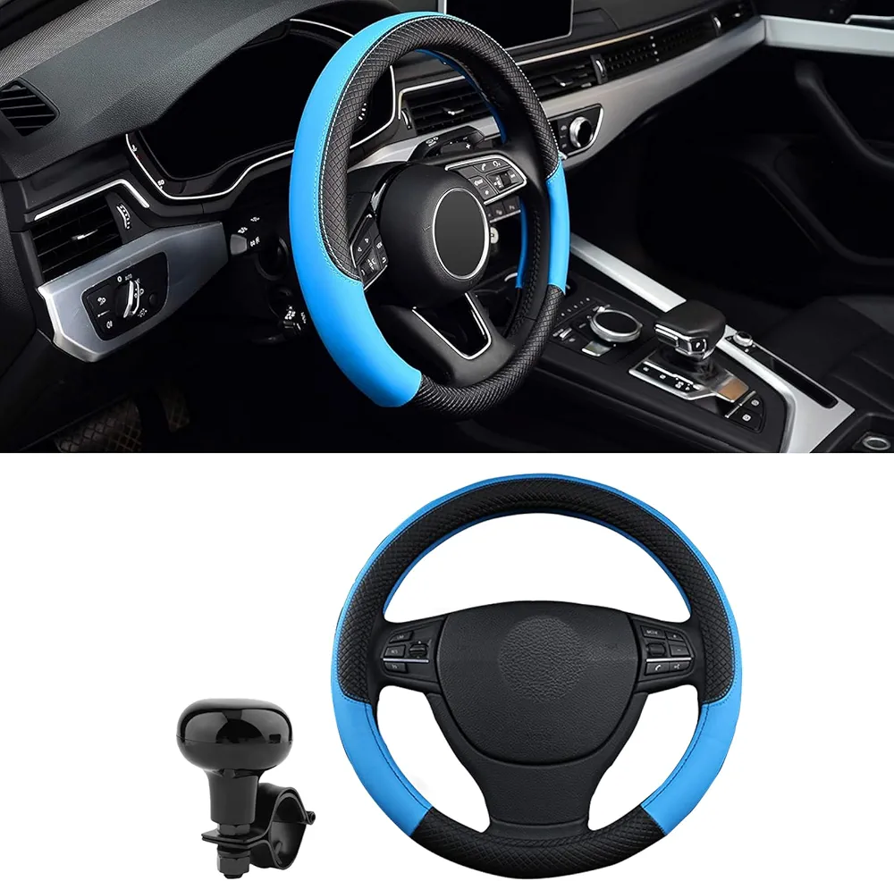 HIAHXC 2 fundas para volante de automóvil, funda de cuero antideslizante para volante con bola de asistencia para el volante de coche, accesorios para automóvil (azul)