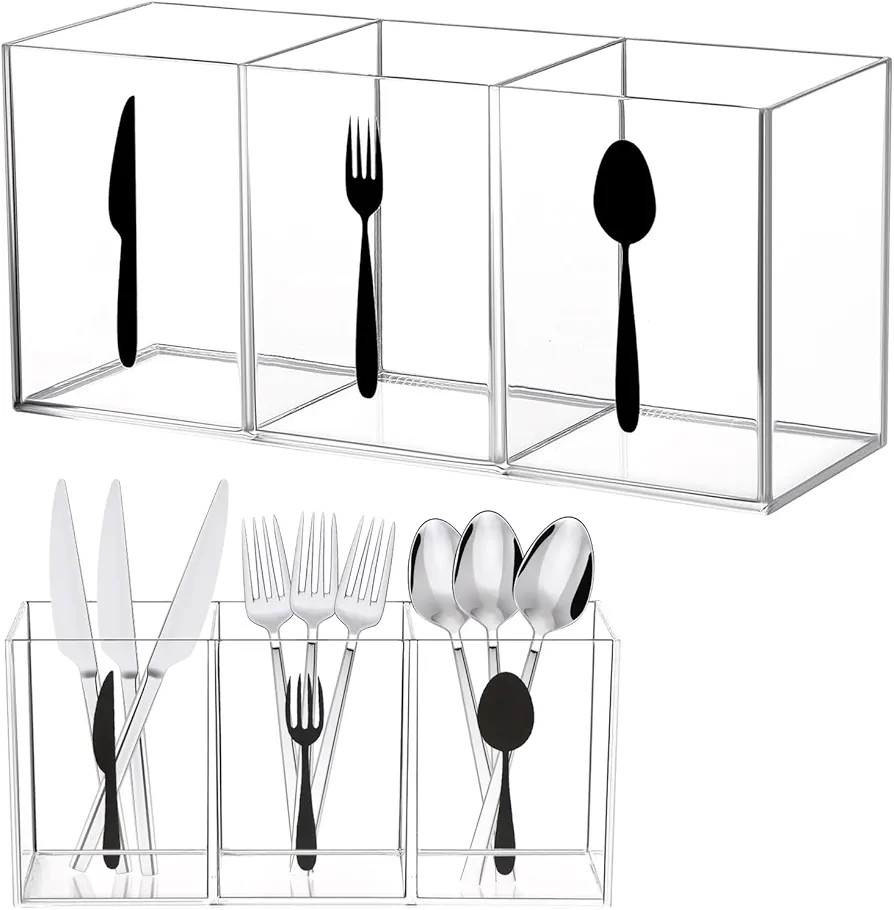 ASSRECT Organizador Acrílico para Cubiertos Organizador de Cubiertos Cocina 3 Sección Vajilla Caja de Almacenamiento para Gabinete Interior Exterior Hogar Cubiertos Comedor