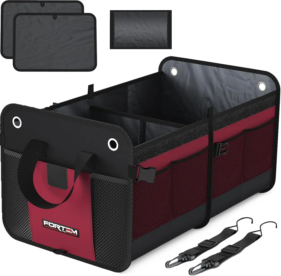 FORTEM Organizador de Maletero de Coche y SUV - Organizador de Coche para Almacenamiento – Caja Plegable con 2 Compartimentos - Base Antideslizante - Cinchas Ajustables - Tapa Extraíble (Rojo)