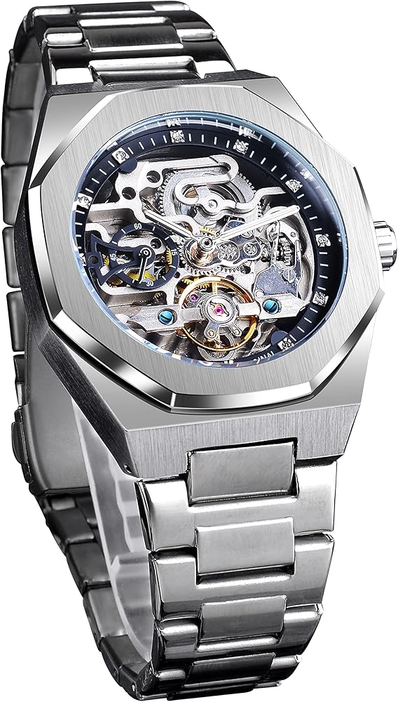 FORSINING Reloj vintage para hombre grabado automático, mecánico, esfera grande, luminosa, fase lunar, dorado, hueco, patrón de tatuaje, mecánico