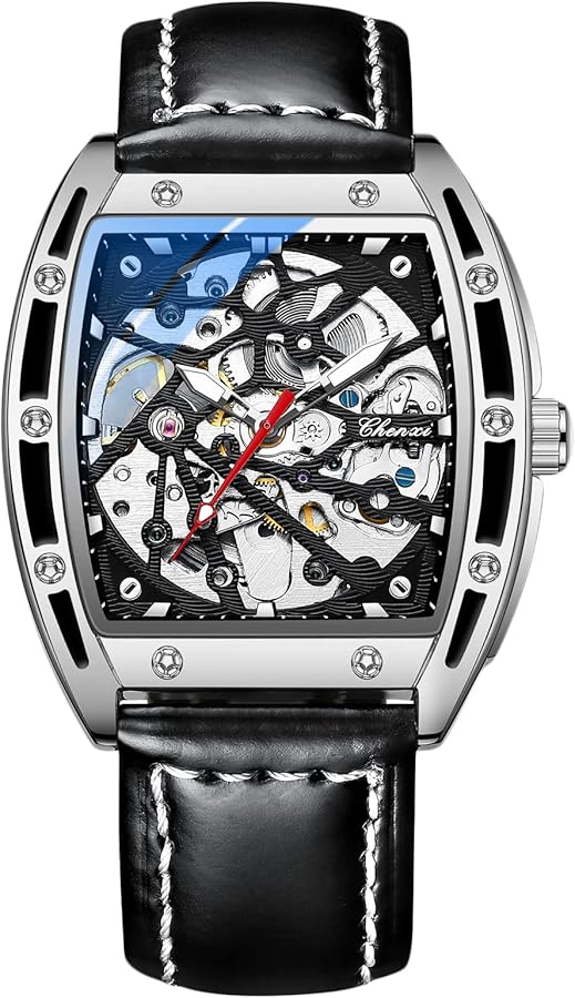 RORIOS Moda Relojes Hombre Mecánico Automático Reloj con Correa de Cuero Luminoso Reloj Esqueleto Tonel Esfera Reloj de Pulsera
