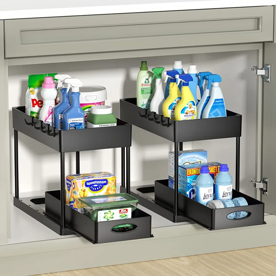 Coovee 2 Paquete Organizador Bajo Fregadero Cocina, 2 Niveles Organizador con 4 Ganchos, Gran Capacidad Extraíble Estante Almacenamiento Debajo Fregadero para Cocina, baño, Negro