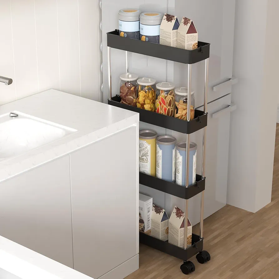 KeZaara Carrito Organizador con Ruedas de 4 Niveles, Ahorra Espacio Carro de Almacenamiento, con 8 Ganchos, Ruedas con Freno, Carrito Baño, Carrito Cocina, Carrito Oficina, Negro