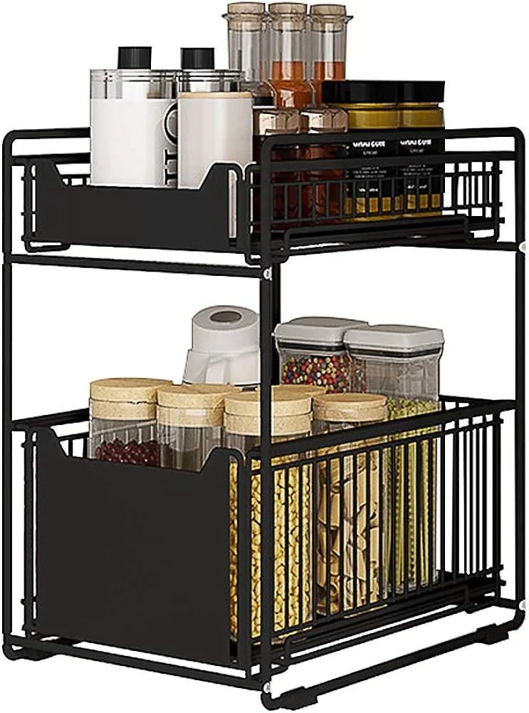 Cajón de almacenamiento debajo del fregadero de 2 niveles para cocina y baño, cesta de almacenamiento deslizante de metal, cubo de almacenamiento extraíble para el hogar y la oficina, 11 pulgadas