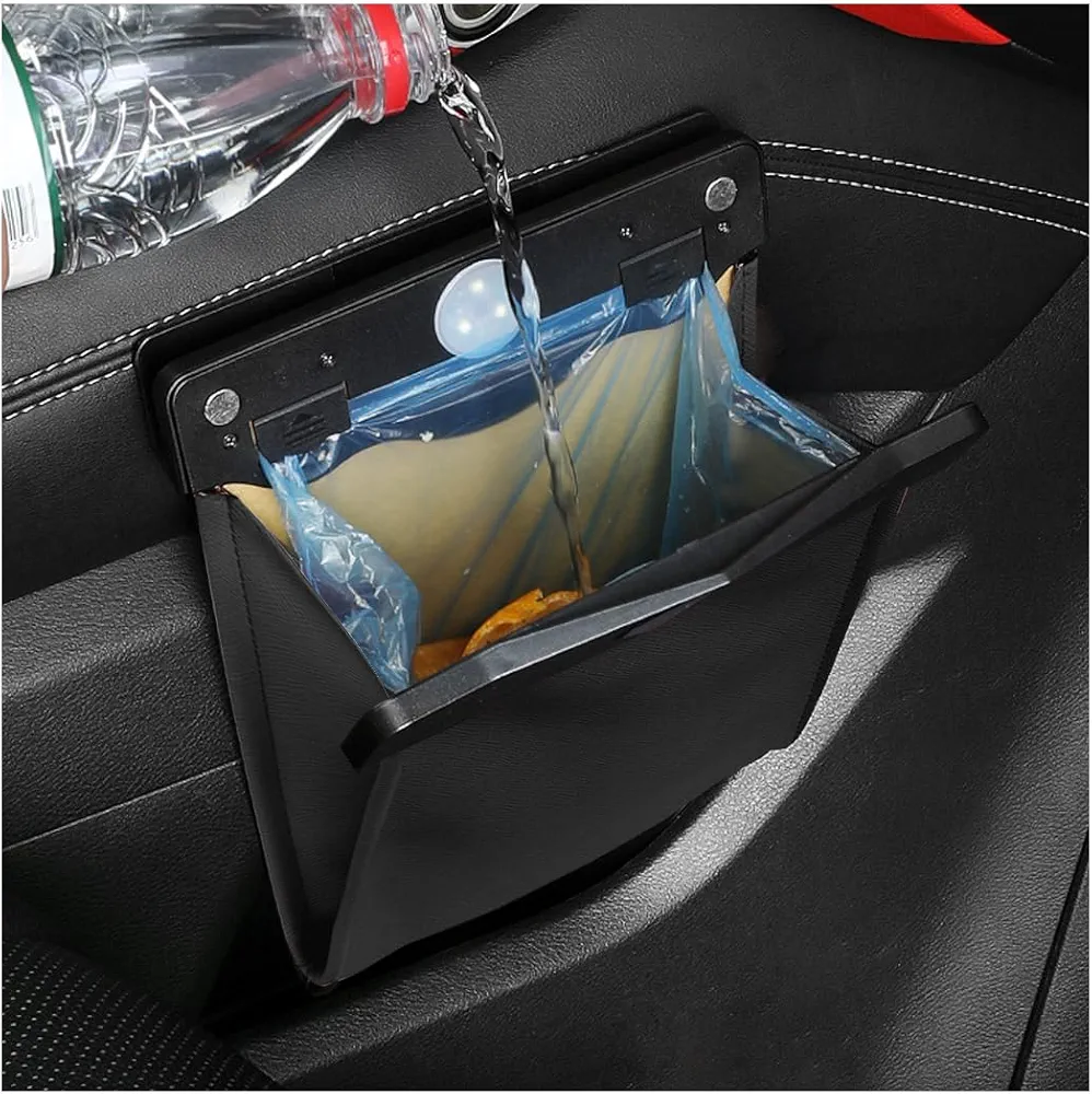 CGEAMDY Organizador De Bote De Basura Para Coche, Bolsa Basura Plegable Cuero, Impermeable Automóviles Asiento Trasero Accesorios Para Bolsa Almacenamiento con 1 Rollo Bolsa De Basura (Negro)