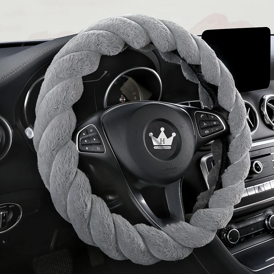 Funda de Volante de Coche de Invierno esponjosa de Lujo para Mujeres y niñas, Accesorios Interiores de automóvil para Jeep Truck, F150, Universal, Antideslizante, Gris, Tamaño Grande(39-41cm)