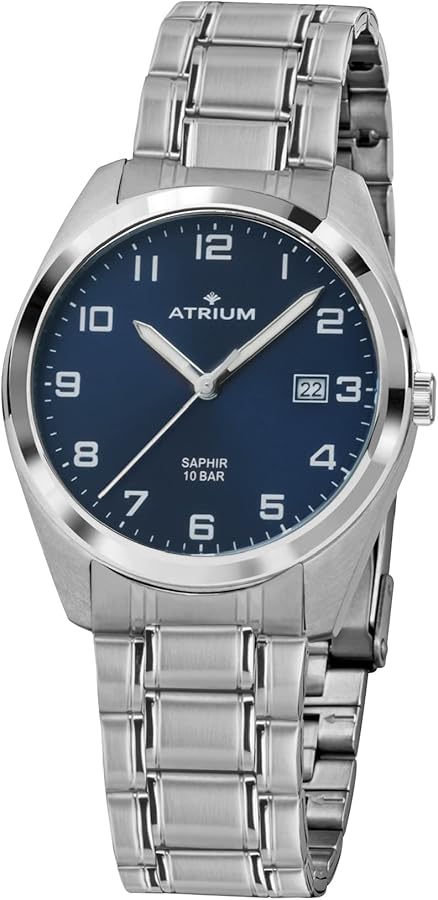 ATRIUM Reloj de pulsera para hombre de acero inoxidable, cristal de zafiro, analógico, cuarzo, 10 bar, con fecha y pulsera de acero inoxidable plateada, A42-35