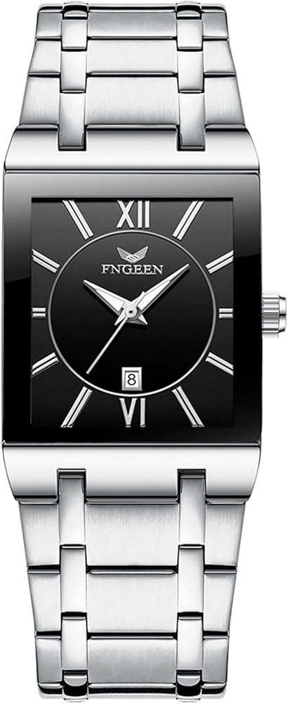 JewelryWe Reloj Cuadrado para Hombre, Reloj de Cuarzo Analógico, Reloj con Brazalete de Acero Inoxidable, Resistente al Agua para Uso Diario, Calendario Visualizable