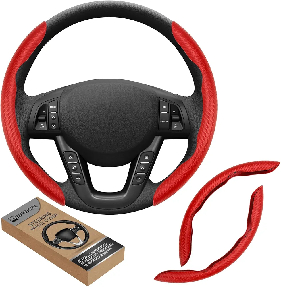 GSPSCN Funda Volante Coche，36-39 cm Universal Fibra Carbono para Cubierta Volante Coche, Antideslizante, Protector de Volante Antideslizante, Accesorios Interiores del Coche (Rojo)