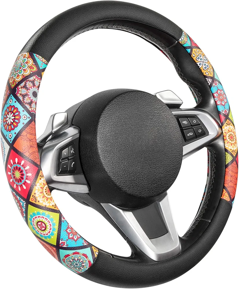 SEG Direct Funda Volante Coche Cubierta del Volante del de Cuero de Microfibra con Diseño De Mandala para Mujeres Y Niñas, Tamaño Estándar 37-39 cm, Multicolor Y Negro