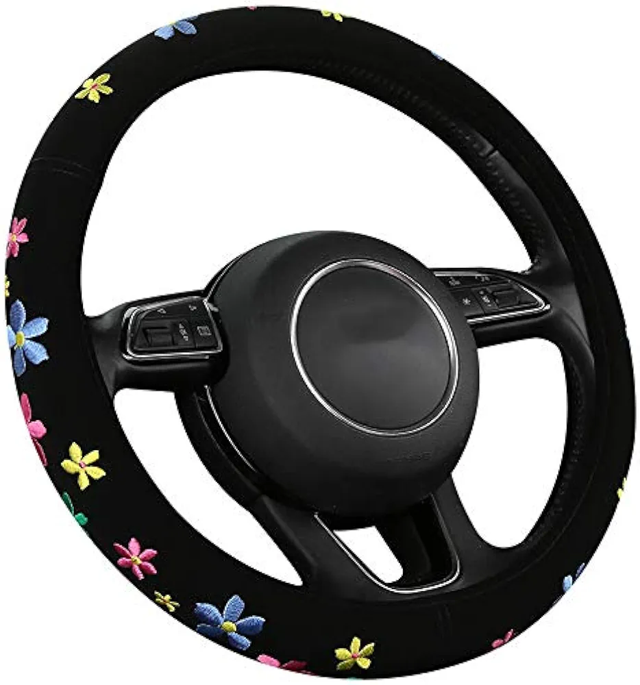 Funda para volante de flores dulces, bordada, absorbe el sudor, protección del volante en tamaño universal 37 – 39 cm, funda para volante para verano e invierno, accesorios de coche interior
