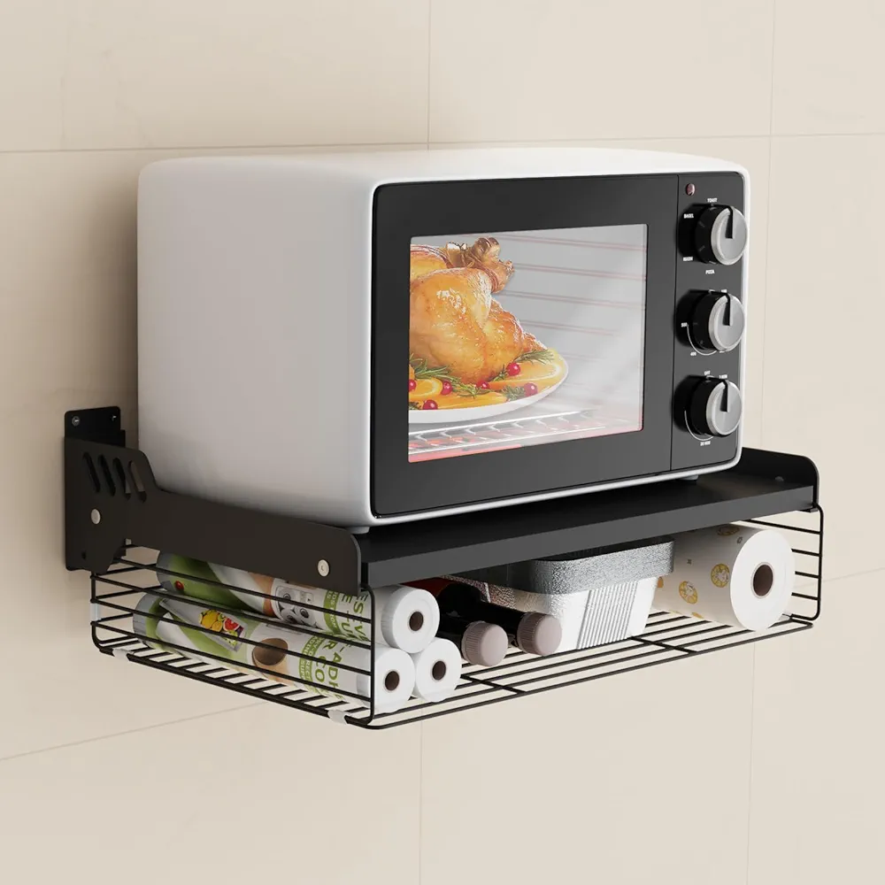 HMAKGG Soporte Microondas Pared Negro, Estanteria para Microondas de Deacero al Carbono con Cesta de Alambre, Estante de Pared para Horno Microondas para Cocina y Hogar, sin Taladrar, 55 * 35 * 16cm