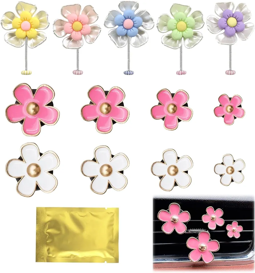 Elepl 18 piezas Decoración Coche 10 Pcs Flores de Margarita Tambaleantes + 8 Pcs Flor de Margarita Difusor de Coche Ambientador con Clip Accesorios de Coche Interior para Coche Oficina Salón