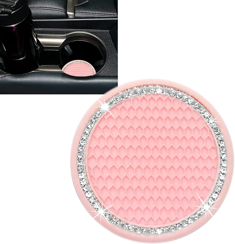 2 Piezas Posavasos de Coche Universal Antideslizantes Rosa,Portavasos de Coche Posavasos de Diamantes de Imitación de 2,75 Pulgadas, Accesorios de Decoración Interior de Coche para Mujeres y Hombres