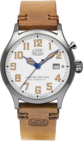UMF RUHLA Reloj de pulsera automático para hombre UMF 1256-1, caja de acero inoxidable con esfera blanca vintage, correa de piel de becerro Horween hecha a mano con hebilla, fabricado en Alemania,