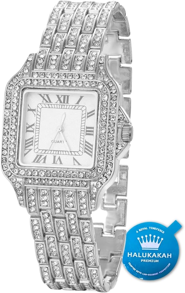 HALUKAKAH Reloj de Oro con Diamantes,Hombre Chapado en Oro de 18 Quilates/Oro Rosa/Oro Blanco Chapado en Platino 33MM Ancho Esfera Cuadrada Cuarzo 20cm con Cadena de Cubanos Collar Pulsera