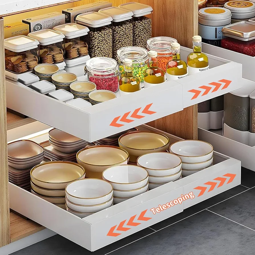 2 Pieza Cajón Telescópico Cocina, Cajones Extraibles para Cocina, Telescópico Gavetas Deslizantes para Aarmarios, no Requiere Taladrar Ni Clavar, Cajón Telescópico Ampliable para Cocina (32-52cm)