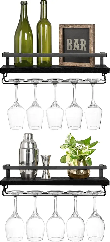 Mkono Juego de 2 estantes de Madera para Botellas de Vino, estantes flotantes de Vidrio rústicos, con Colgador de Vasos, Soporte de Almacenamiento de Vino para Cocina, Comedor, Bar, Negro