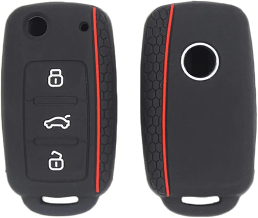 Otai Funda de Silicona para Llave de Coche Caso Compatible con v-w Golf Jetta Skoda Botones Suaves Carcasa de Llave (Línea Roja)