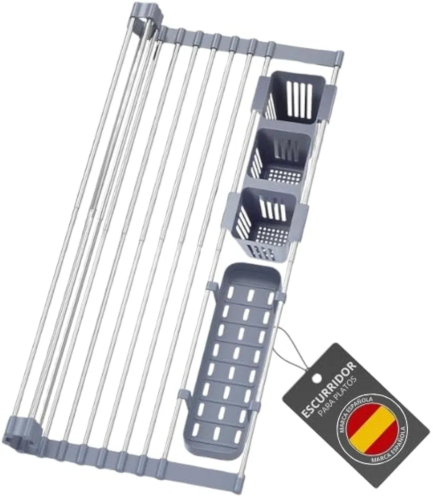 PERFEETS® Escurreplatos Plegable de Acero Inoxidable sobre Fregadero Ajustable + Accesorios para Cubiertos - Escurridor Compacto y Duradero - Accesorios para Cubiertos | Escurridor de Platos