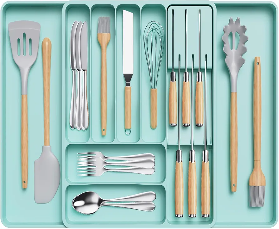 Lifewit Bandeja para cubiertos de cocina ampliable con bloque de cuchillos extraíble, bandeja ajustable para accesorios y cubiertos, plástico, cubiertos, cucharas, tenedores, grandes, verde azulado