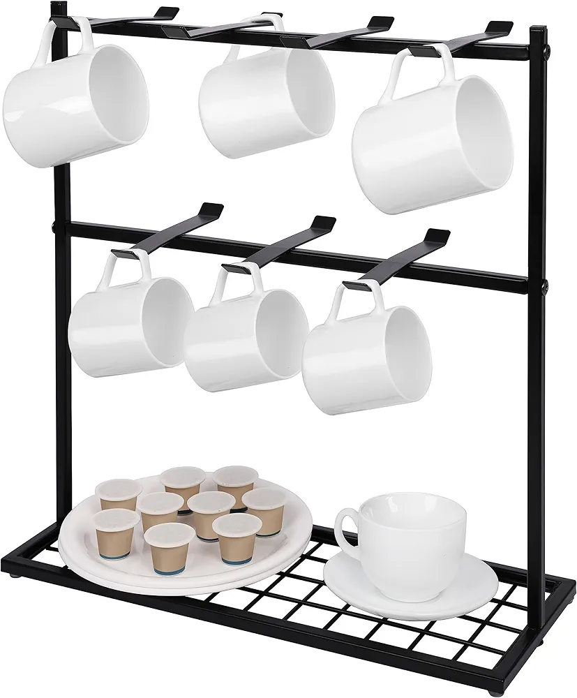 BELLE VOUS Soporte para Tazas de Café con Base de Almacenaje - 40 x 15 x 41 cm - Estructura para Tazas con 14 Ganchos para Encimera - Organizador de Metal con 2 Niveles - Cocina, Té y Café